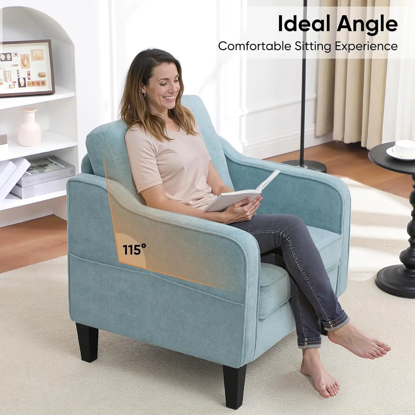 Accent Chair for Living Room, Mid Century Modern Reading Chair , Upholstered Armchair with Side Pockets,