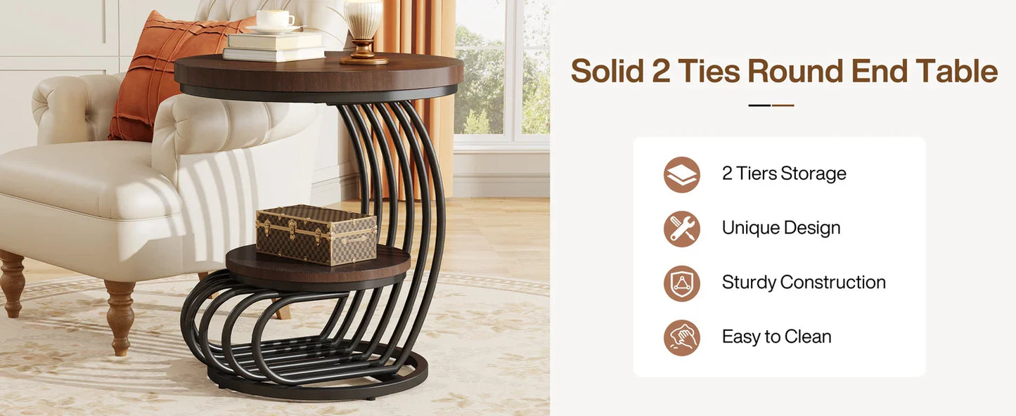 Round End Side Table: Side  Small Bedside Table Accent Table with Arc-Shaped Frame