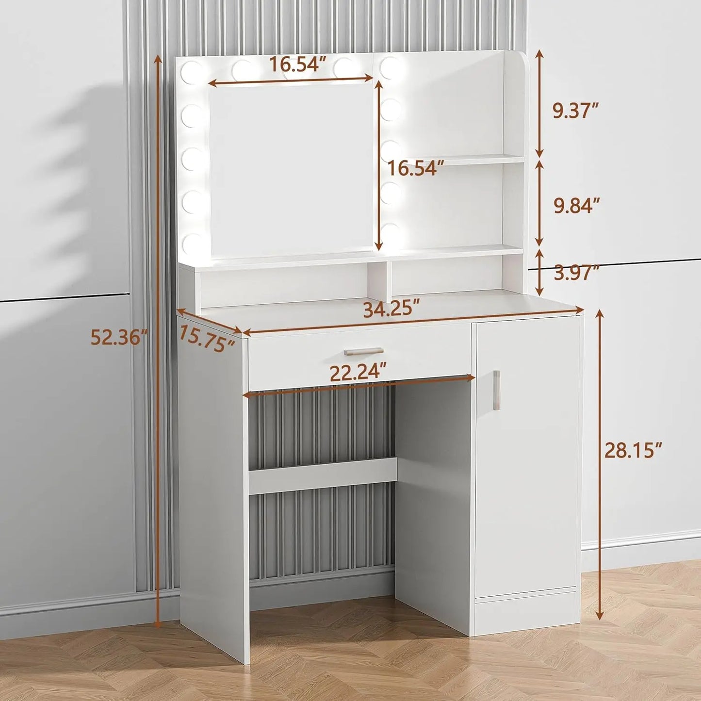 White Makeup Vanity Desk with Mirror, Lights, Drawers & Cabinet