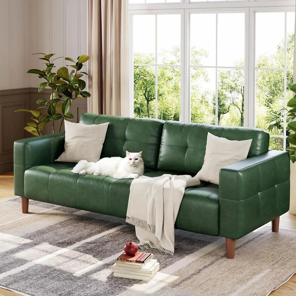 Tri-Seat Wide Leather Sofa with Spring Cushion, Deep Seating and Removable Back Cushions