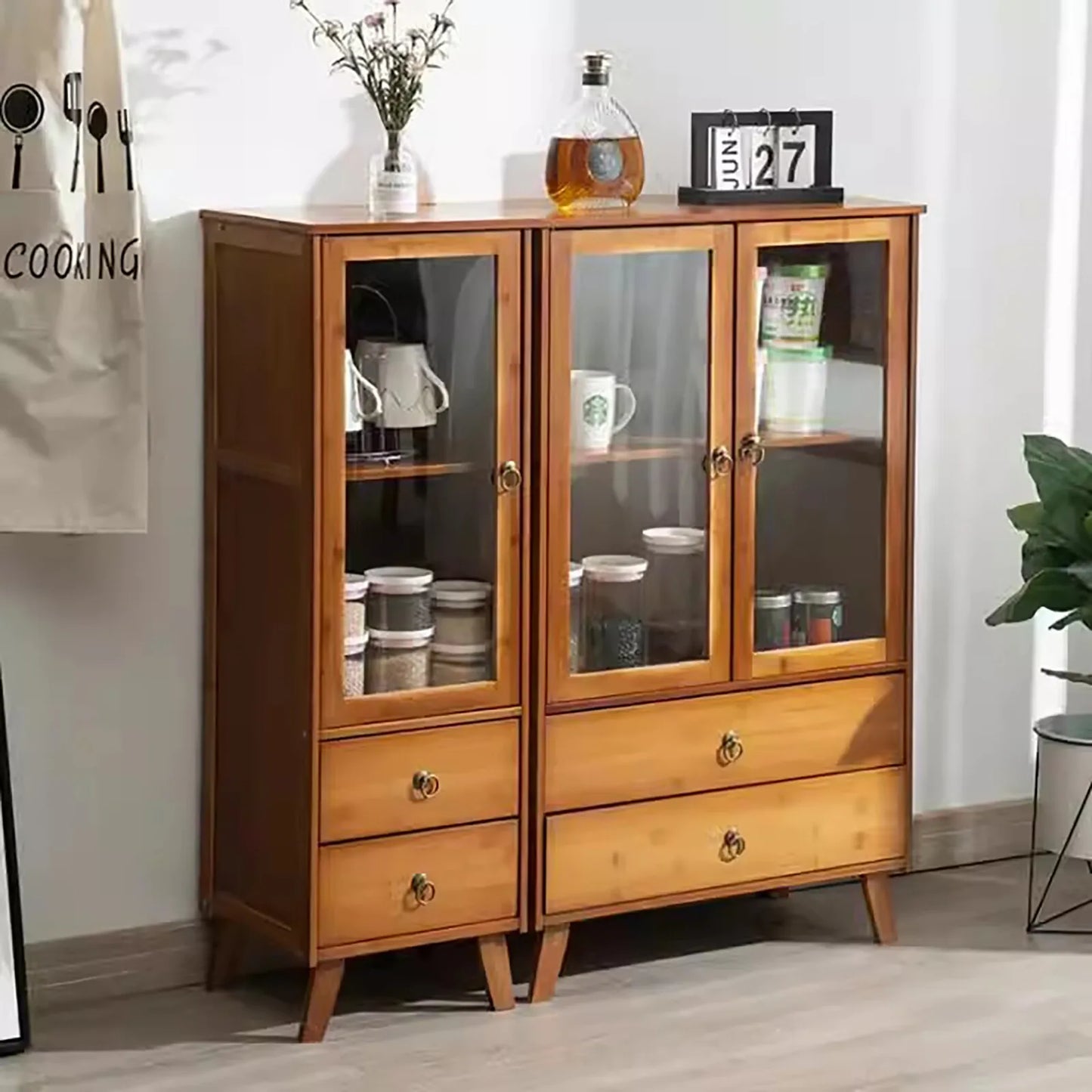 Vintage Style Kitchen Storage Cabinet, 2-Tier Bamboo Sideboard with Smooth Drawers for Kitchen and Dining Area