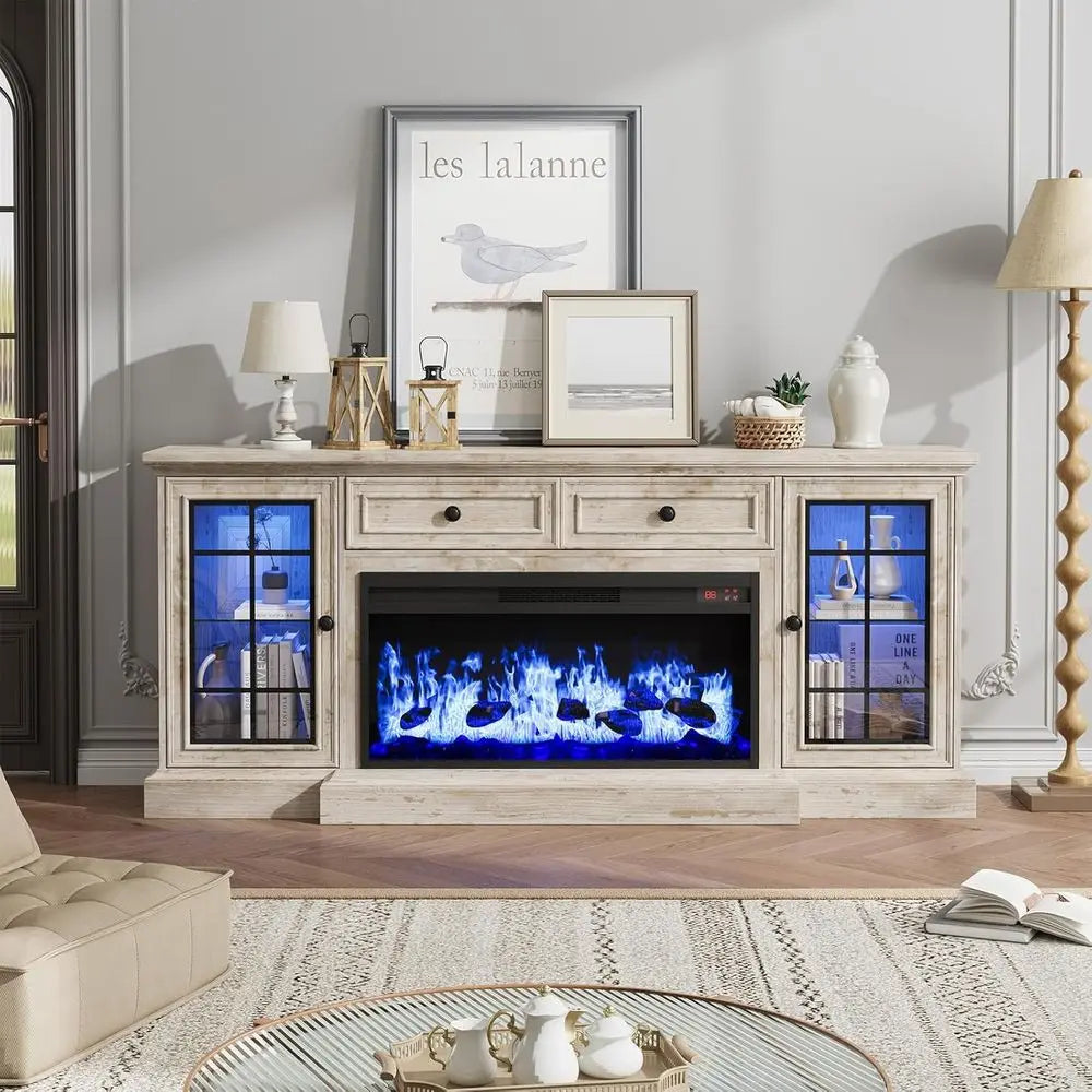 Modern 70 Farmhouse TV Stand with 36 LED Electric Fireplace, Storage Cabinet & Drawer for 80 TVs