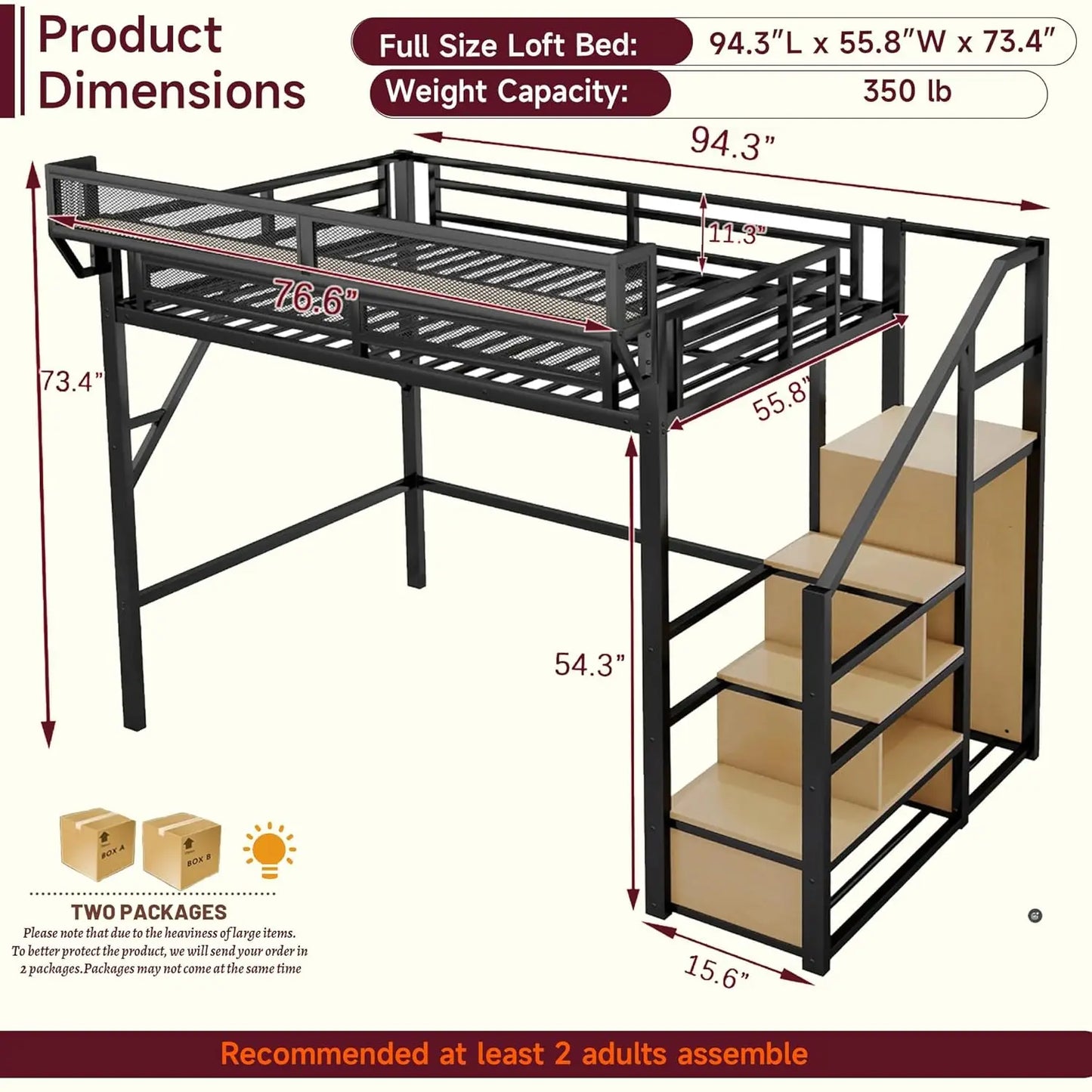Full Size Loft Bed With Stairs And Storage, Metal Loft Bed Frame WithLarge Under-Bed Space