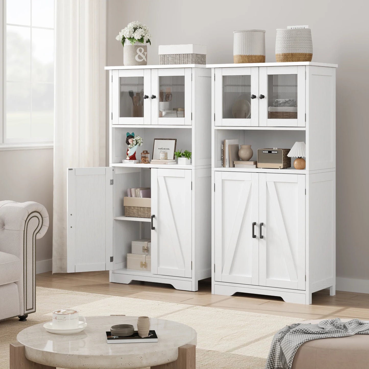 Free Standing Kitchen Pantry Cupboard with 4 Doors with Tempered Glass Doors