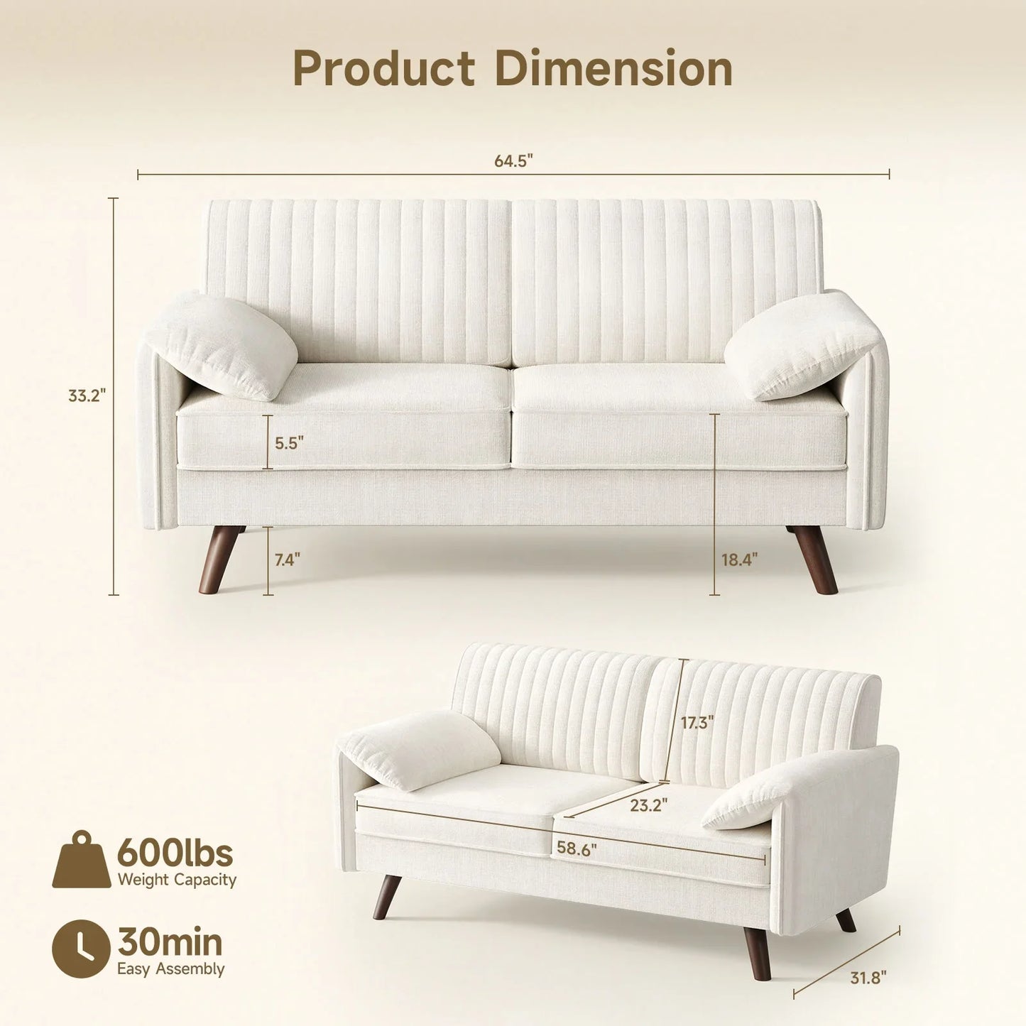 64.5" Loveseat Sofa, Chenille Loveseat, Small Couch for Living Room,  Love Seat