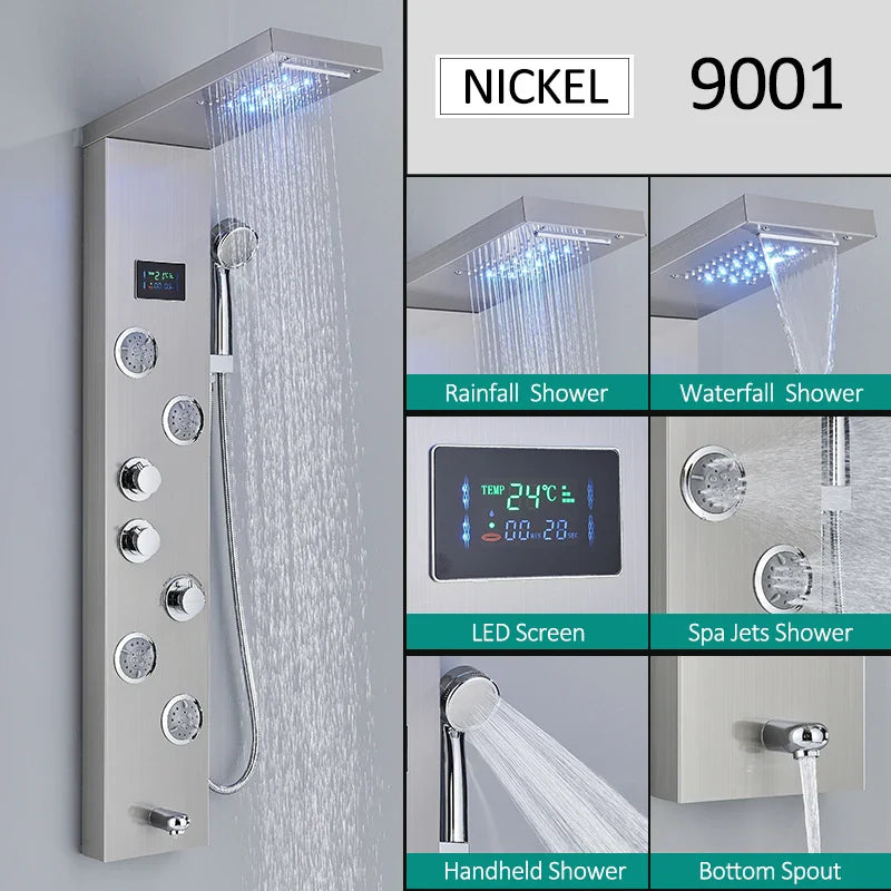 LED Shower Panel Tower System Rain Waterfall Shower LCD Display With Massage  Shower Faucet