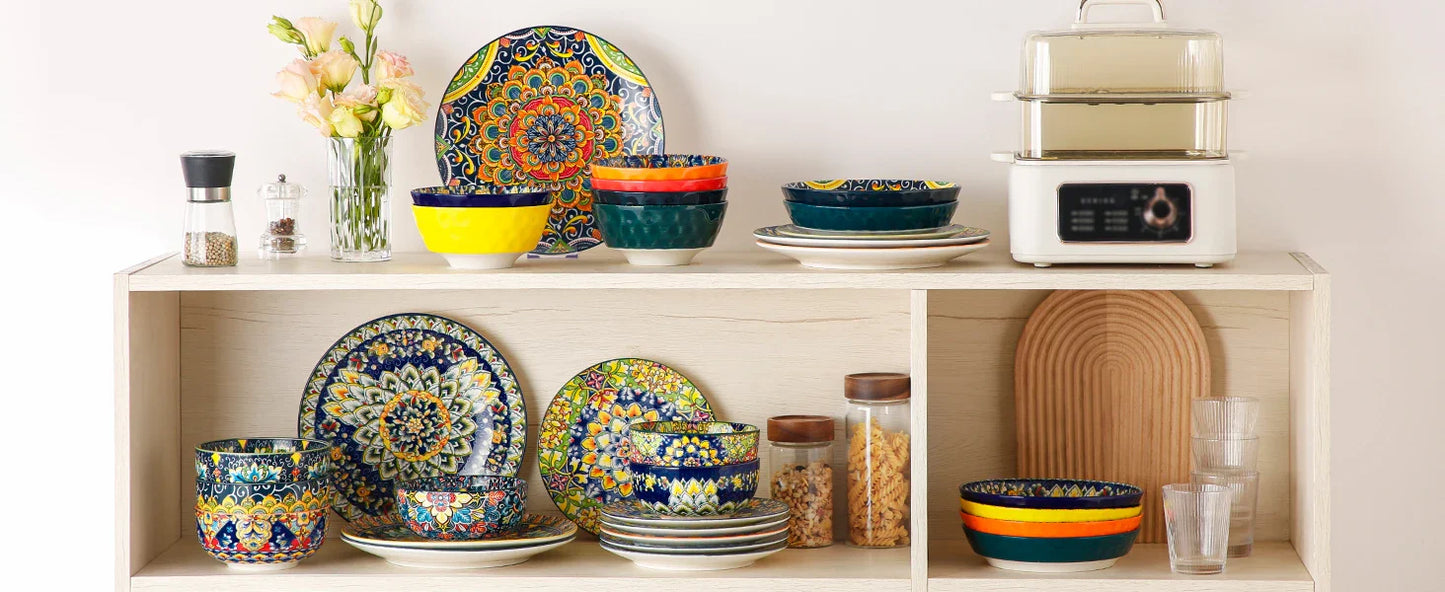 Bohemian Ceramic Bowl Set of 6 (28 Oz) - Colorful Soup, Cereal, Pasta, Salad, Fruit Bowls