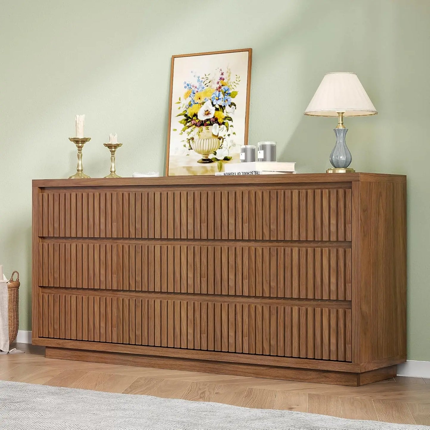 Fluted Long 9 Drawer Dresser, for Bedroom, 58" Wide Vintage Chest of Drawers