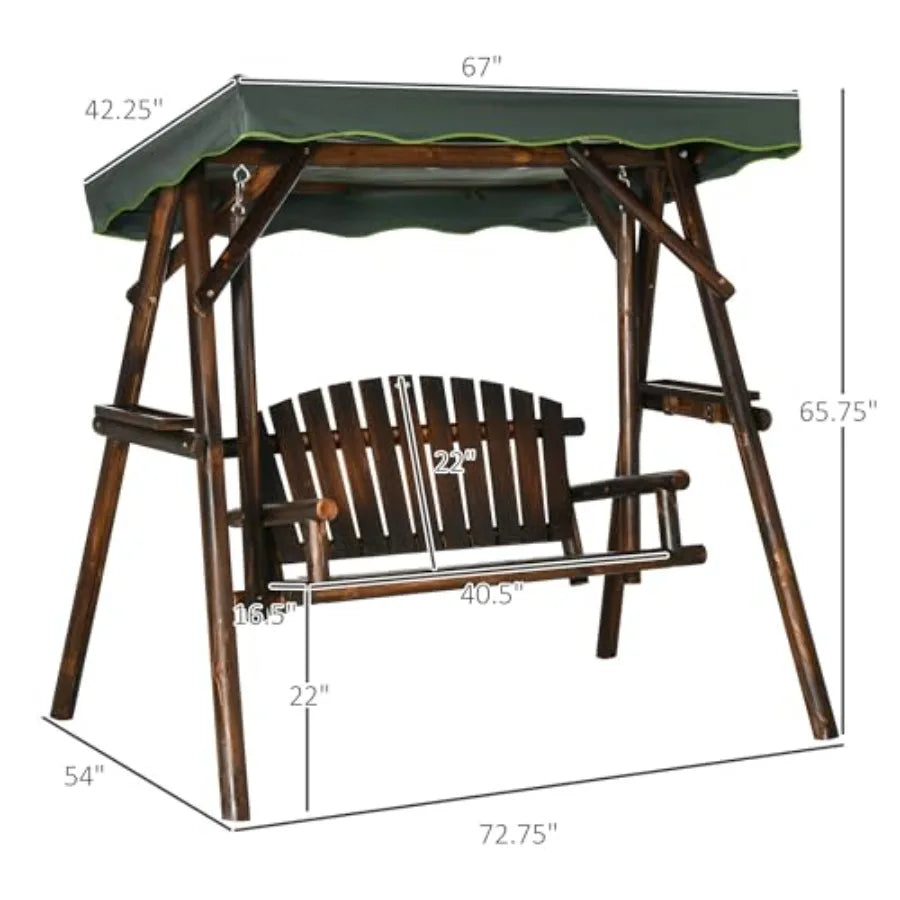 2Person Patio Swing Chair  Wooden Porch Bench Loveseat with Adjustable Canopy and Side Trays for Garden Poolside