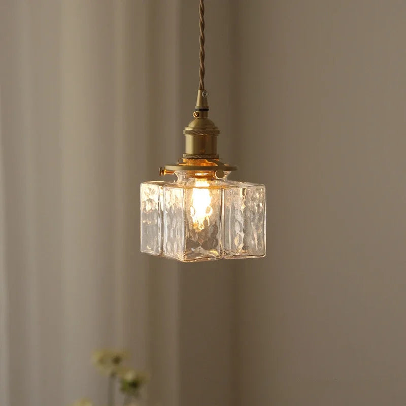 Japanese Retro Glass Pendant Light Yellow Copper Bedroom Chandelier Lightingt