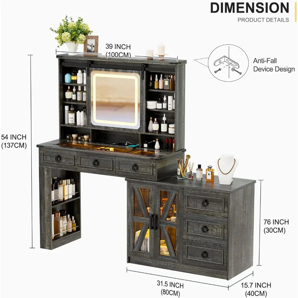 60"W Farmhouse Makeup Vanity Desk with Sliding Mirror and Lights,
