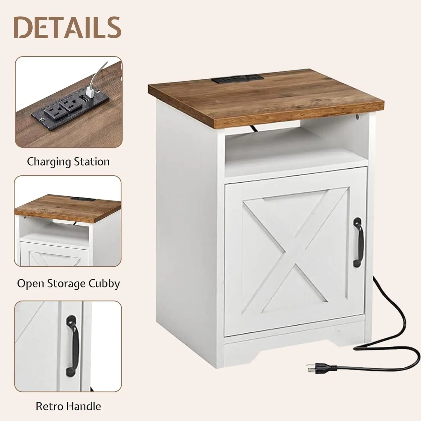 3-Piece Farmhouse Living Room Table Sets, Includes 1 x Coffee Table, 2 x End Tables with Charging Station & USB, Customized