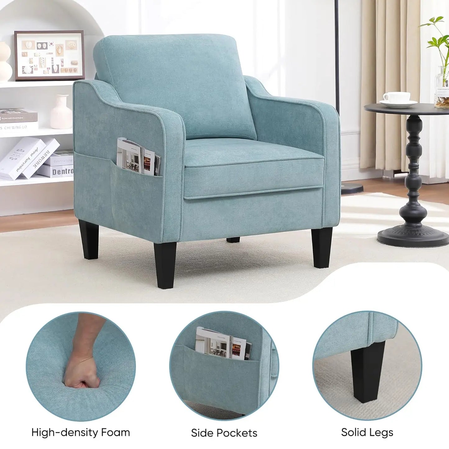 Accent Chair for Living Room, Mid Century Modern Reading Chair , Upholstered Armchair with Side Pockets,