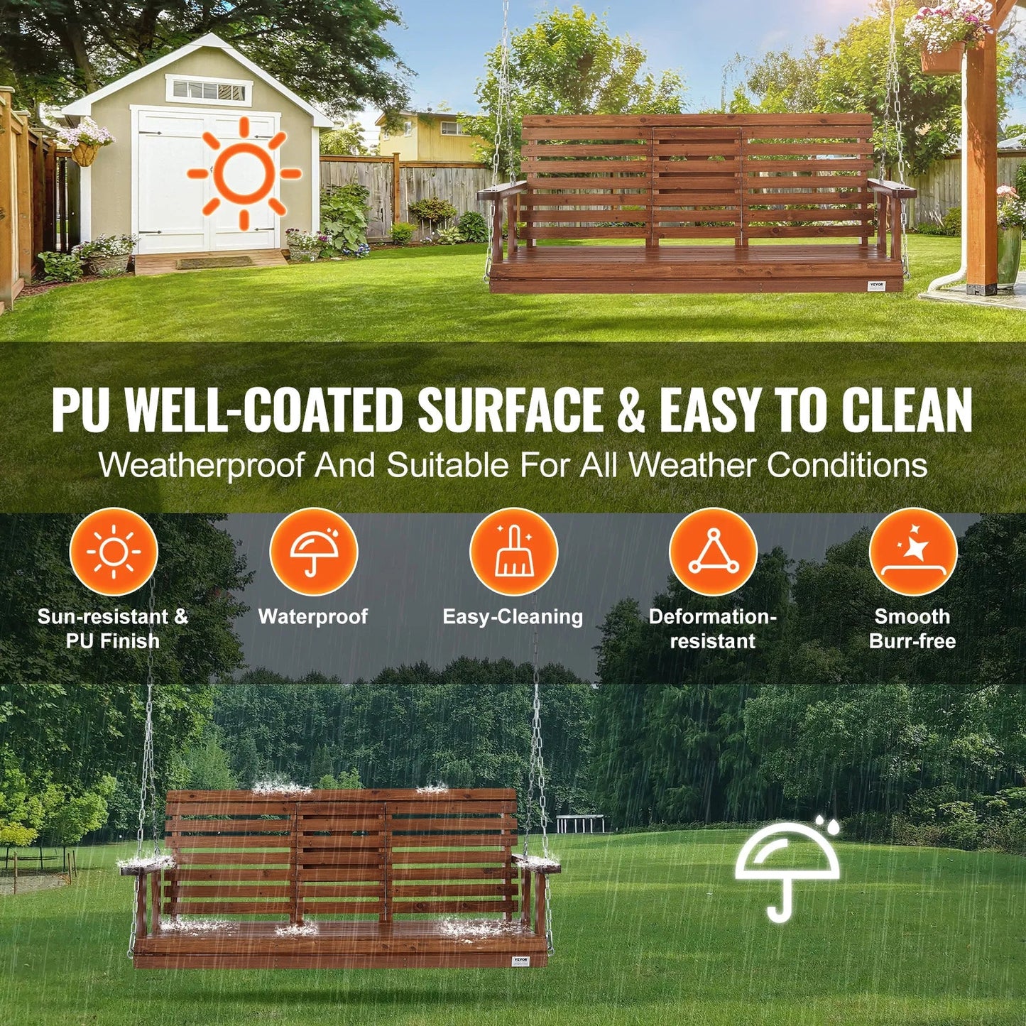 SucceBuy Wooden Porch Swing 5 ft  for Courtyard Garden  880 lbs Strong Load Capacity Chair Bench
