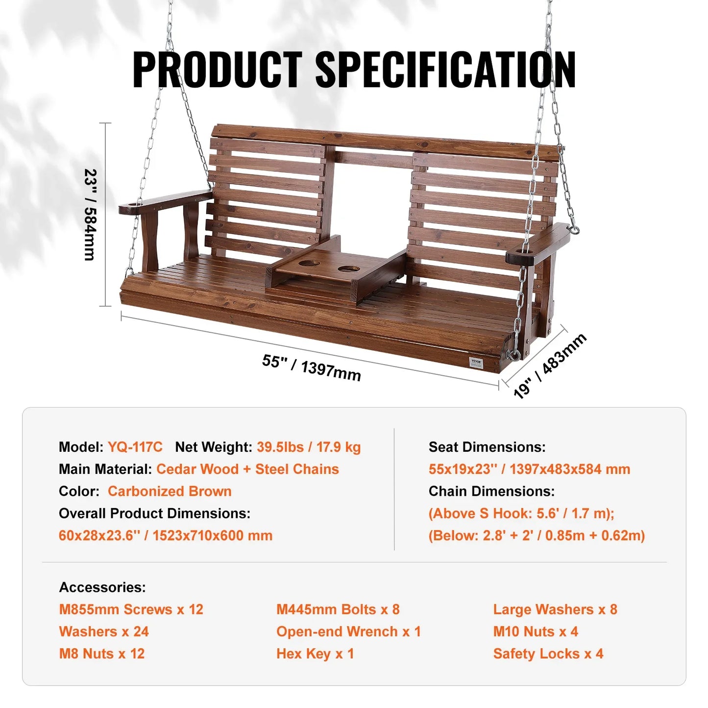 SucceBuy Wooden Porch Swing 5 ft  for Courtyard Garden  880 lbs Strong Load Capacity Chair Bench