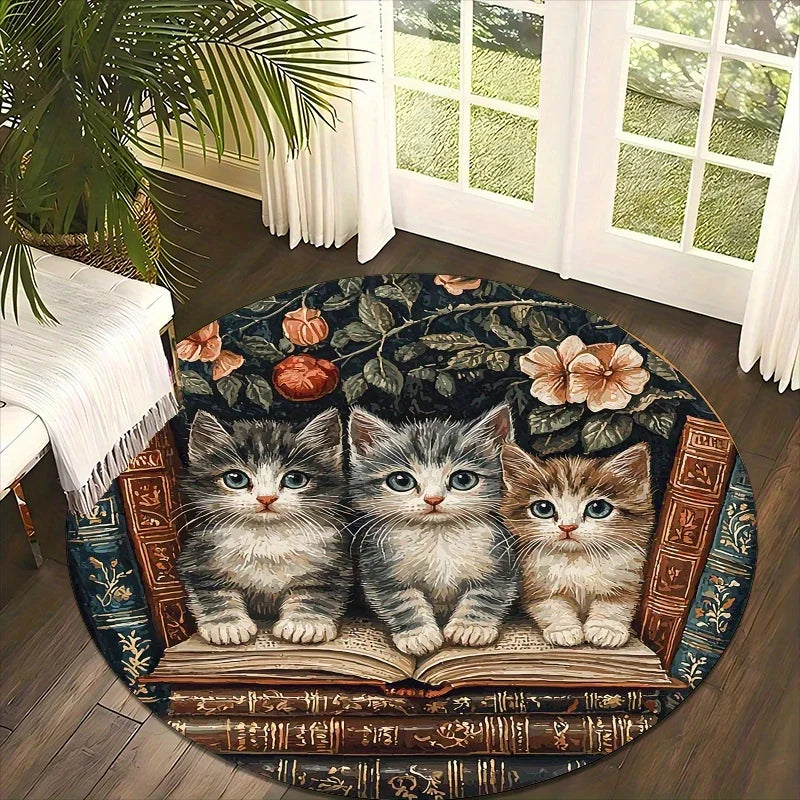 Cat and Book Style Flannel-printed round floor mat