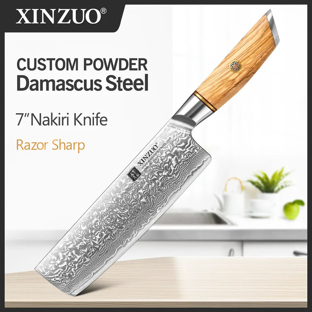 XINZUO 1-8pcs Kitchen Knife Set 73 Layers Custom Damascus Steel  with Olive Wood Handle