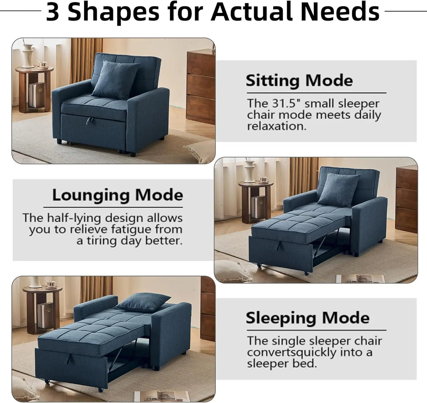 3-in-1 Sleeper Sofa Bed with Reclining Backrest, Convertible Futon Couch,  for Small Spaces (Blue)