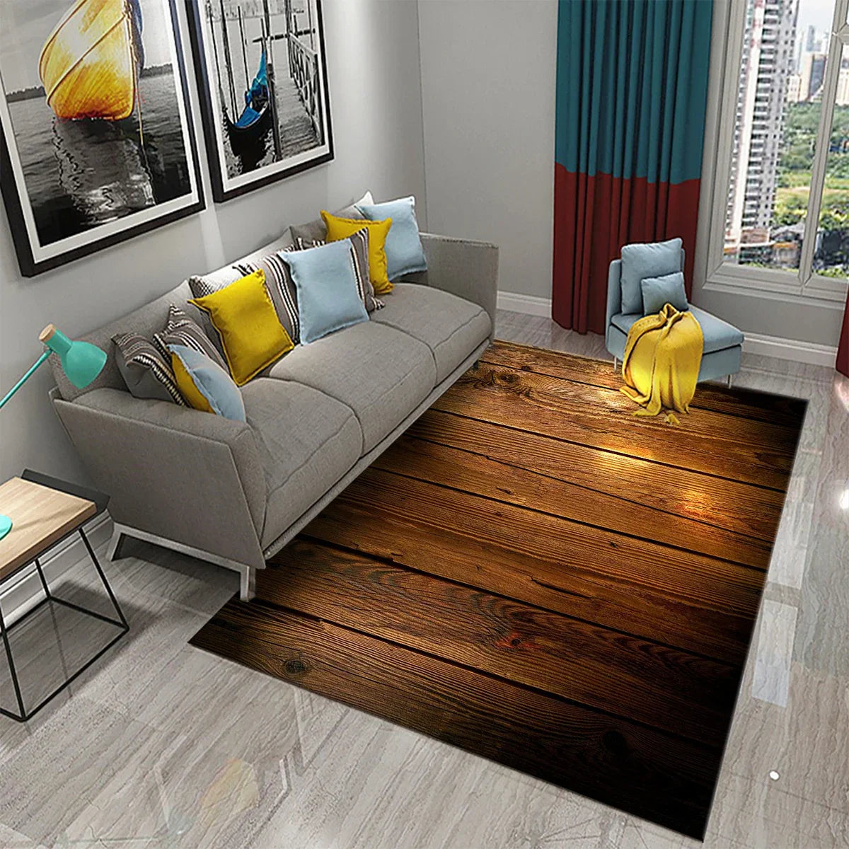 Rectangular Staggered 3d Planks Carpet Geometric Wood Grain Non-Slip Floor Rug
