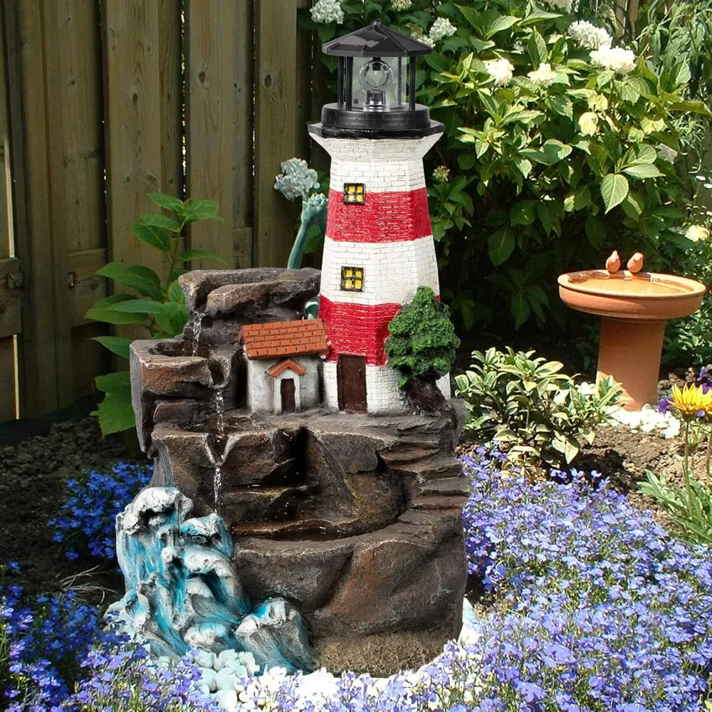 23" H Lighthouse Outdoor Water Fountain, Freestanding  with Rotating Led Light, 4-Tier Modern Water Feature