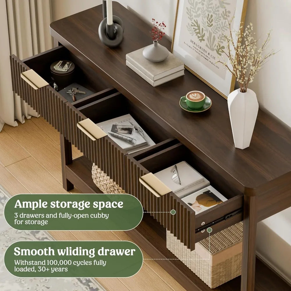 51 Fluted Console Table for Entryway,  with 3 Wooden Drawers,  Behind Sofa Table for Living Room,