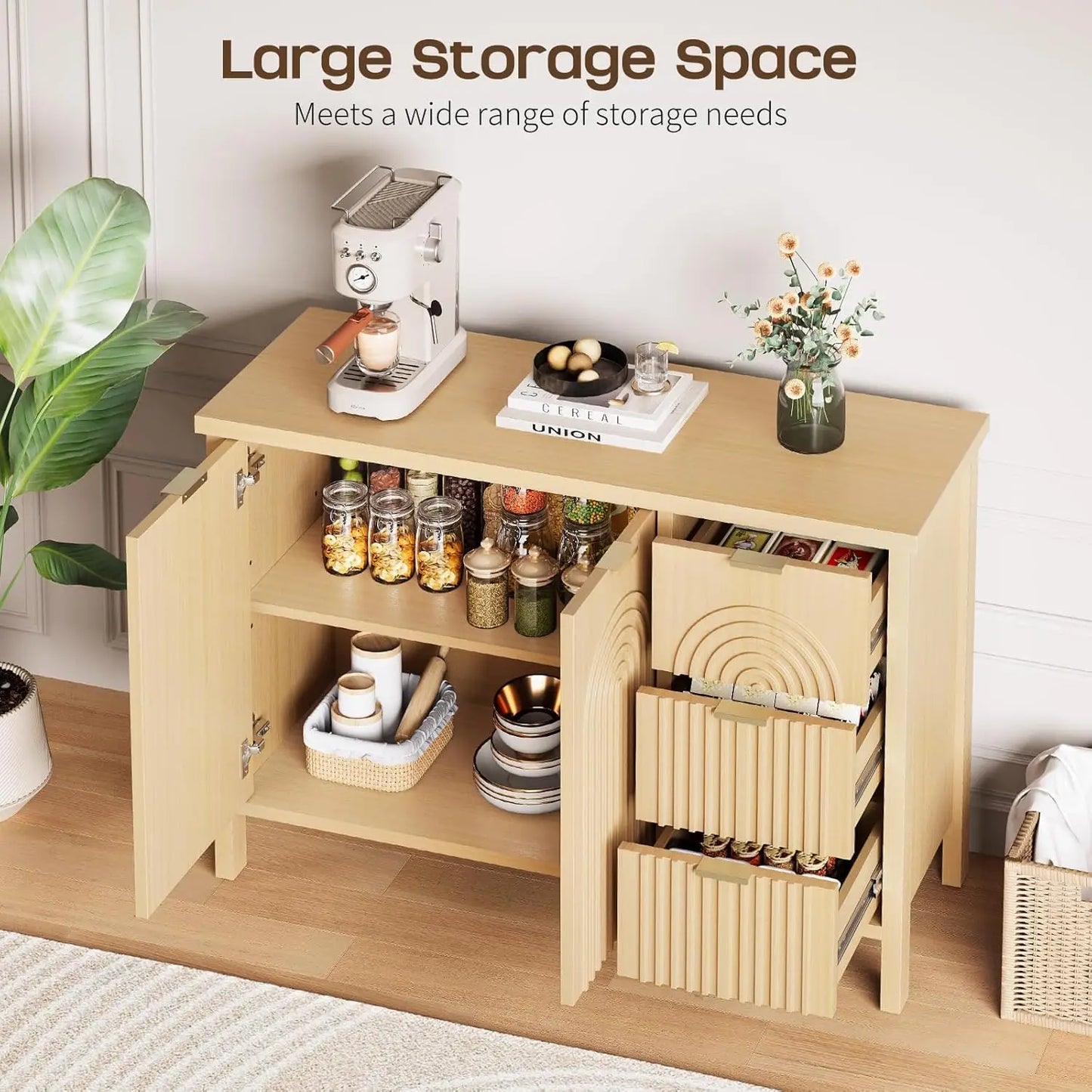Sideboard Buffet Cabinet with Storage - Accent  Cabinets with Drawers & Doors, Fluted Kitchen Credenza