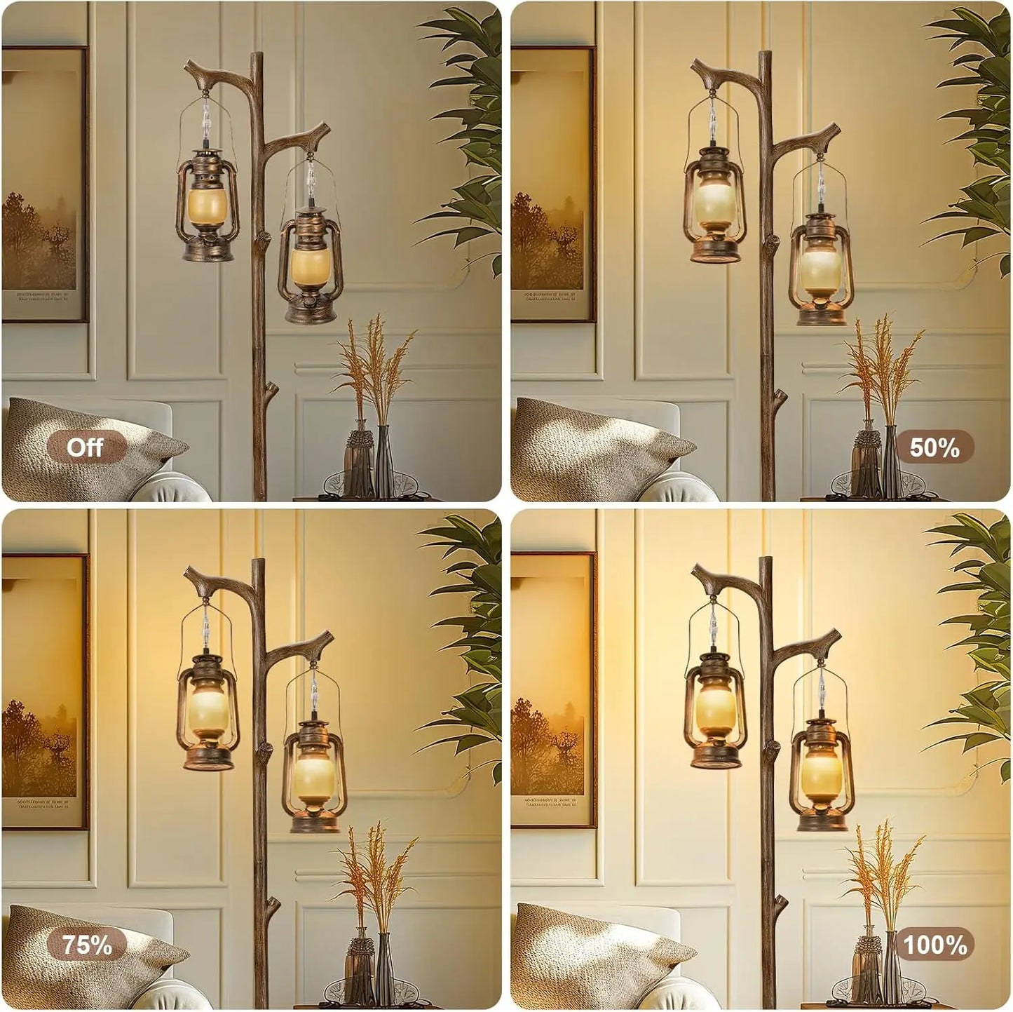 68" Rustic Farmhouse Tree Trunk Floor Lamp with Lantern, Stepless Dimmable, Brown Wood Finish