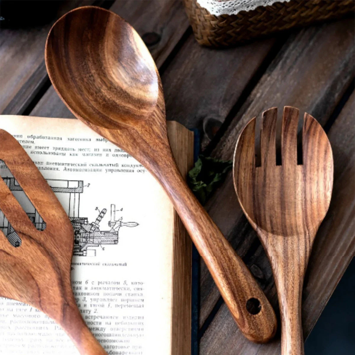 Wood Kitchenware Cooking Set Household Spatula Spoon Set Salad Spoon Fork Stirring Spoon With storage bucket