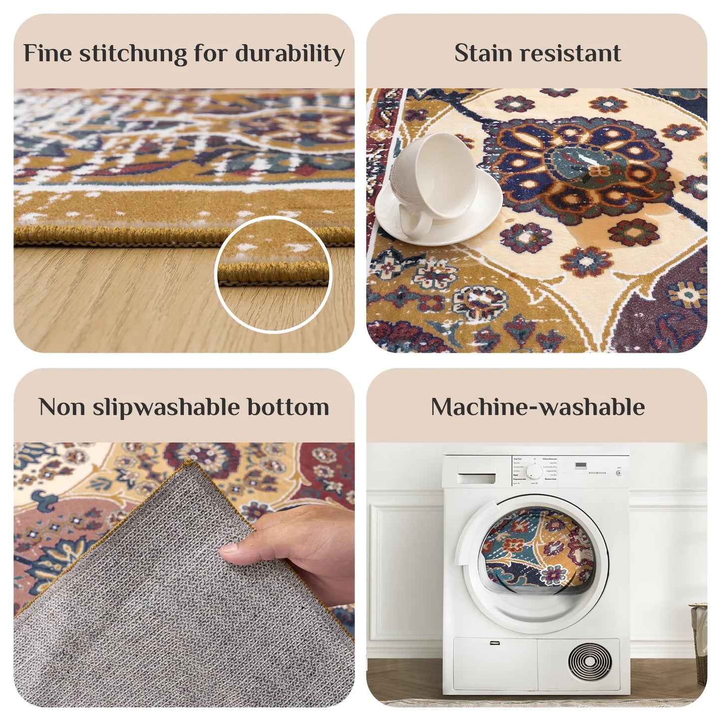 Washable Vintage Medallion Small Rug with Non-Slip Backing