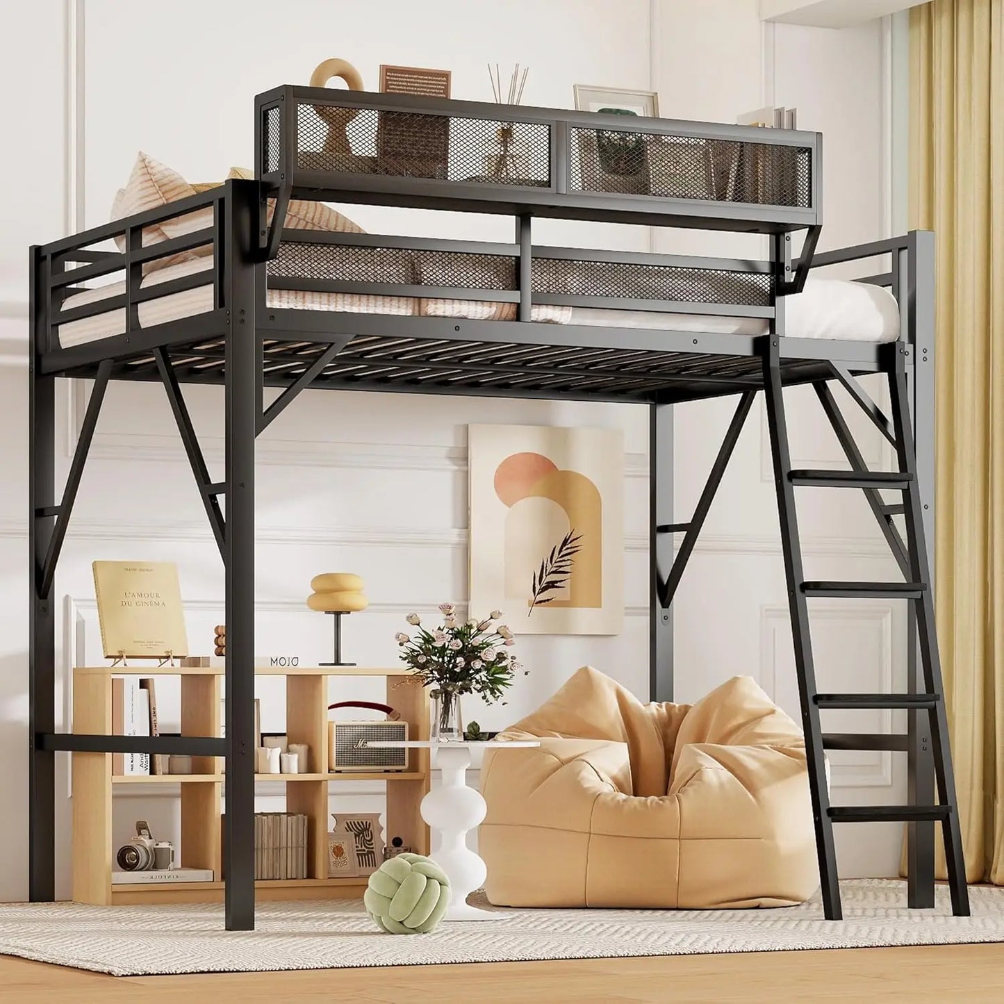 Full Size Loft Bed With Stairs And Storage, Metal Loft Bed Frame WithLarge Under-Bed Space