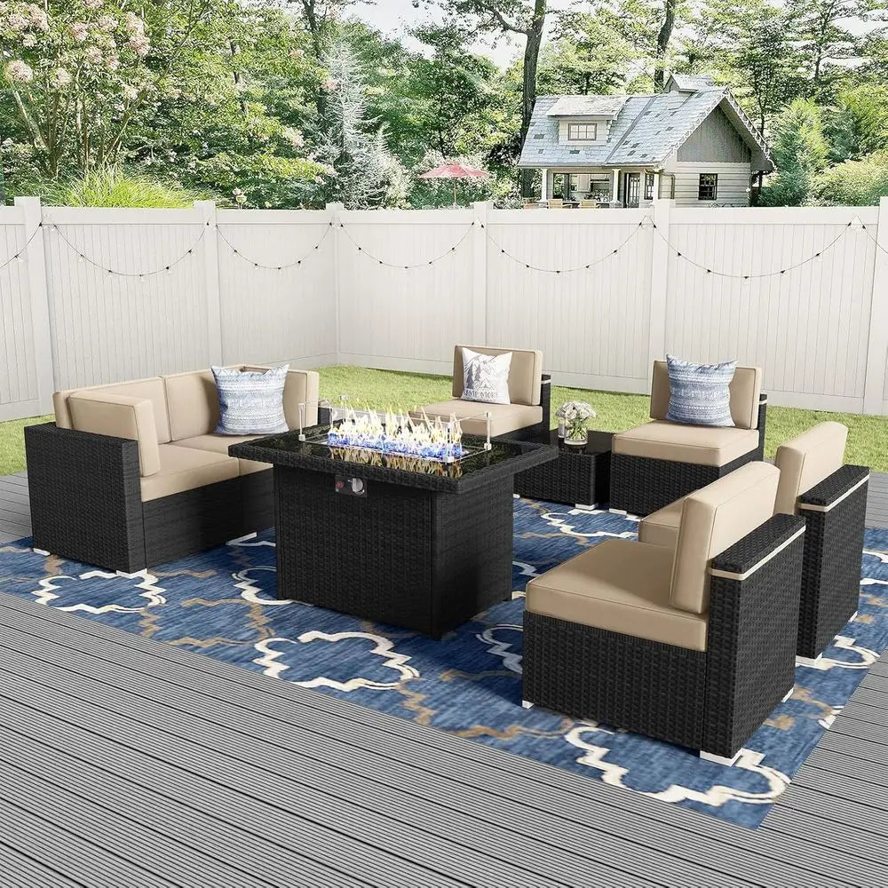 8-Piece Outdoor Wicker Sofa Set with Propane Fire Pit Table