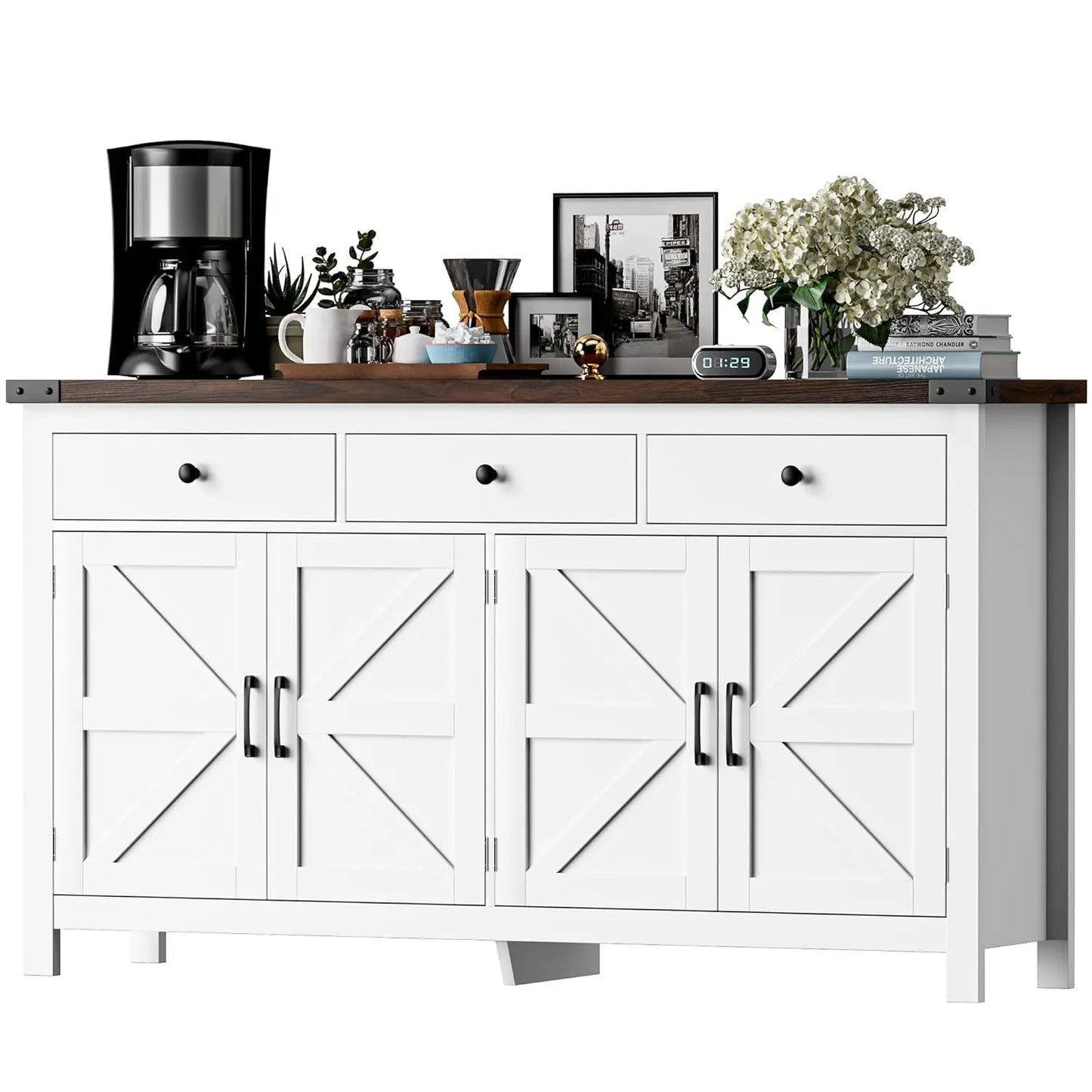 63" Sideboard Buffet Cabinet with Storage, Coffee Bar with 3 Drawers and 4 Barn Doors,