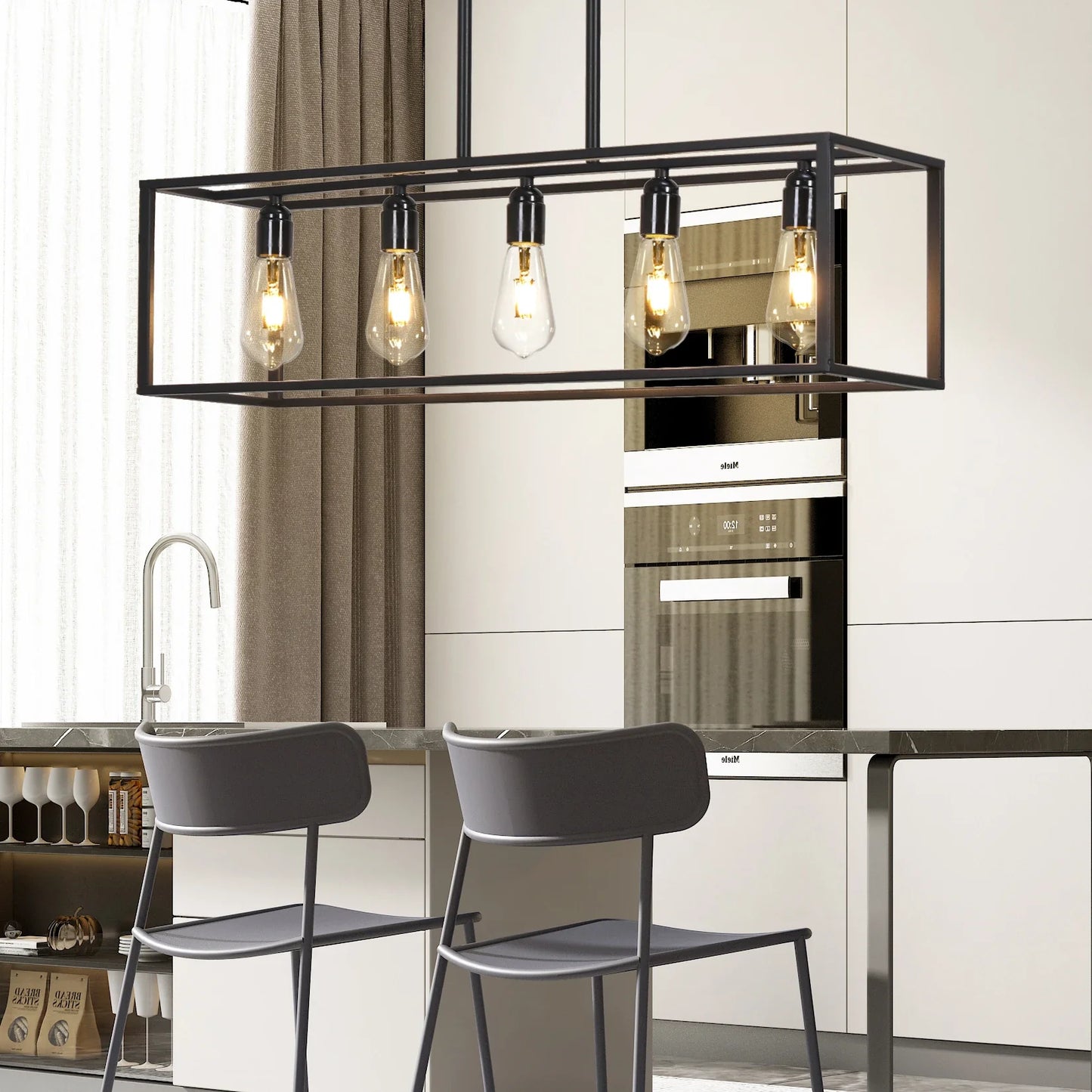 Vrygle Industrial 5-Bulb Ceiling Lamp Black Kitchen Island Chandelier  Farmhouse Furniture
