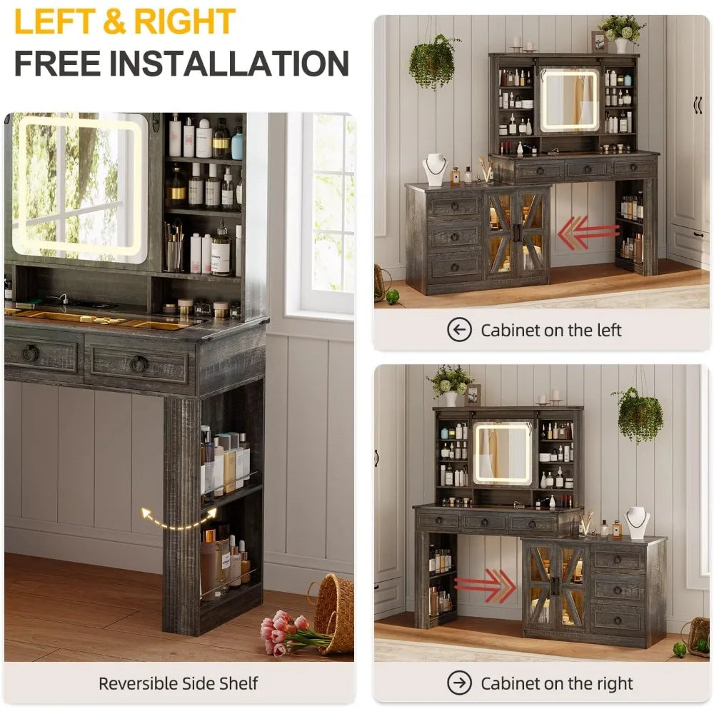 60"W Farmhouse Makeup Vanity Desk with Sliding Mirror and Lights,