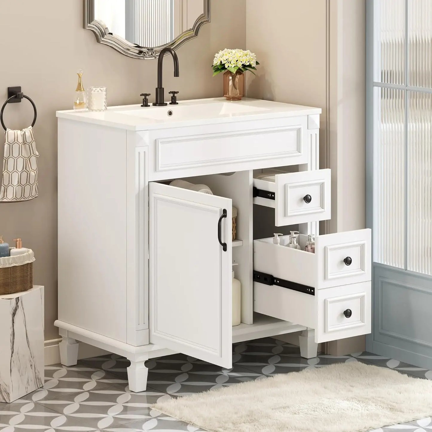 30" Bathroom Vanity with Sink Modern Storage Cabinet Single Door Two Drawers Solid Wood Frame