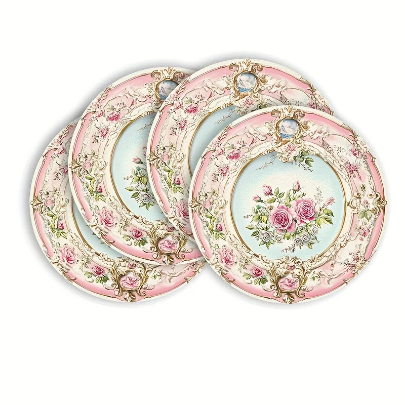 VIKAMA 4PC European Rose Meal Mat Light Blue Bottom Pink Round Table Decoration and Accessories