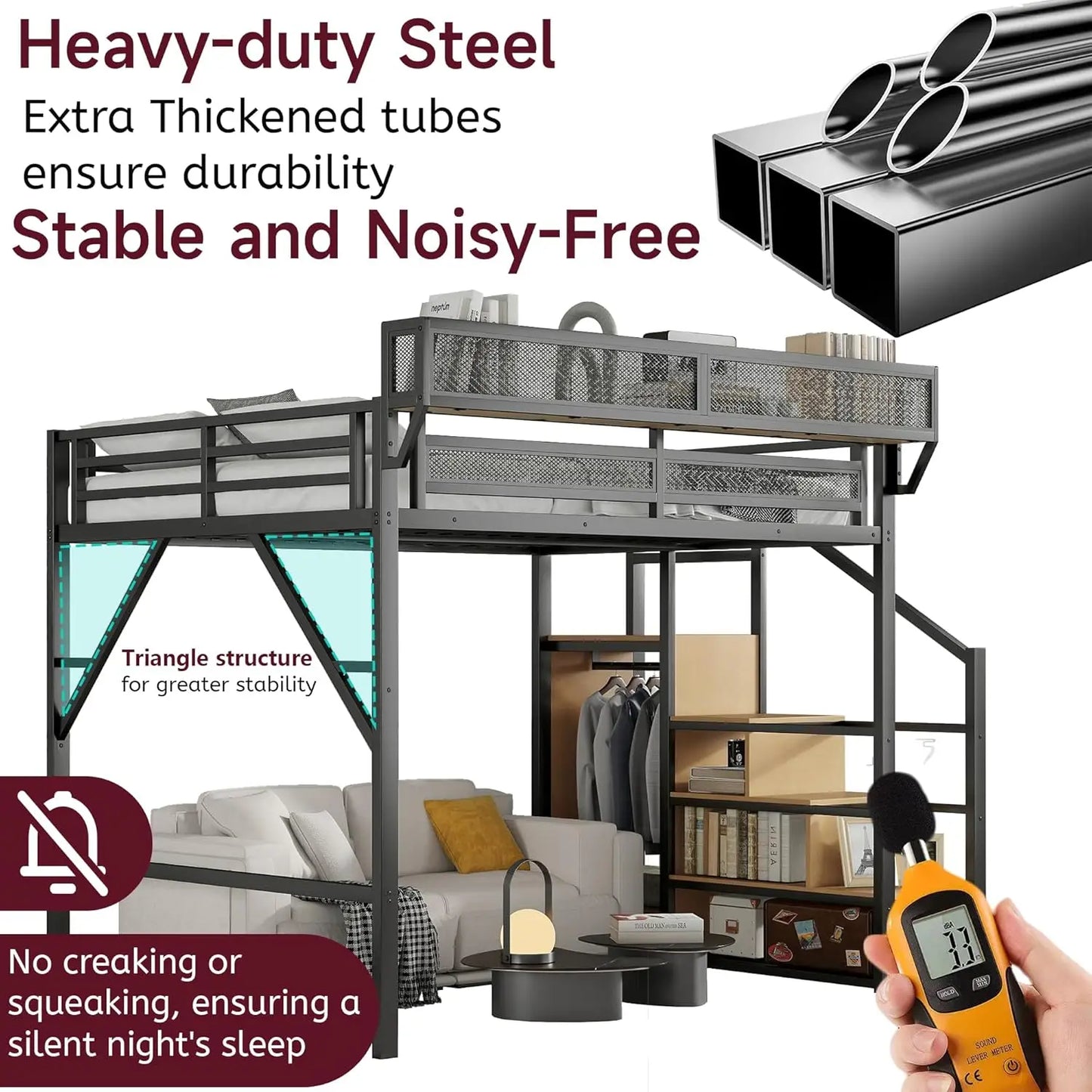 Full Size Loft Bed With Stairs And Storage, Metal Loft Bed Frame WithLarge Under-Bed Space