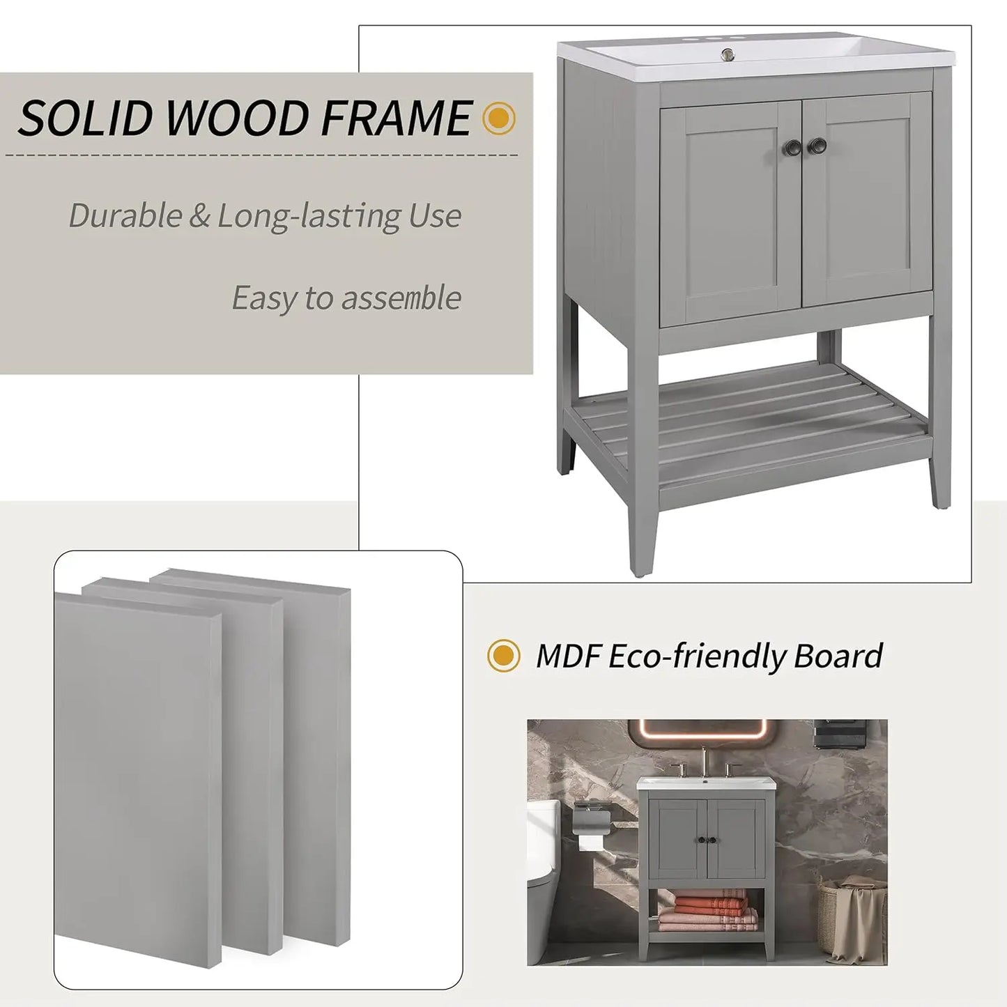 24 Inch Bathroom Vanity Sink Cabinet Solid Wood Door Open Shelf