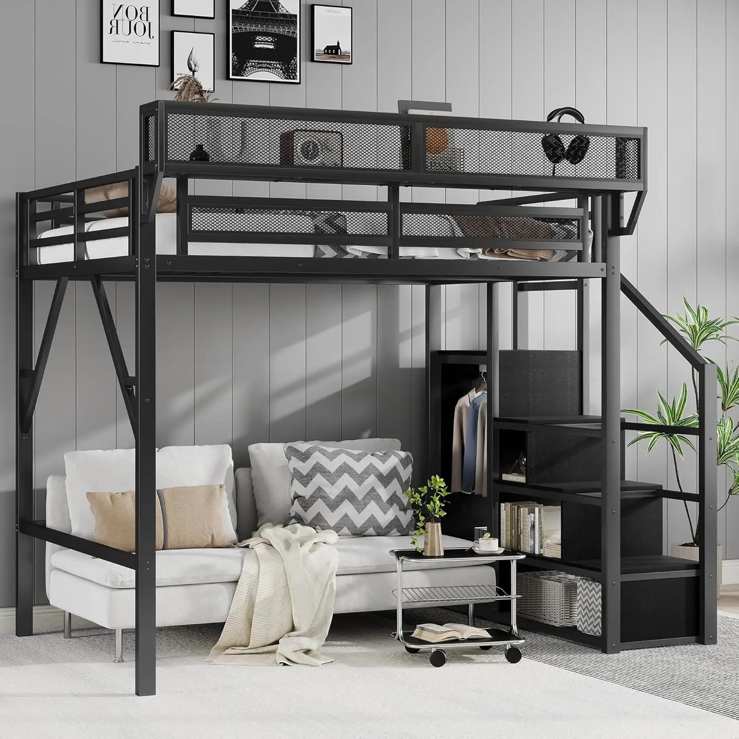 Full Size Loft Bed With Stairs And Storage, Metal Loft Bed Frame WithLarge Under-Bed Space