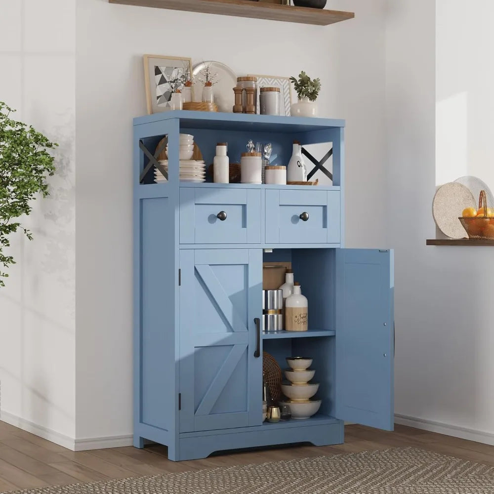 Farmhouse Blue Storage Cabinet with Barn Doors & Drawers, Kitchen Pantry Organizer for Home