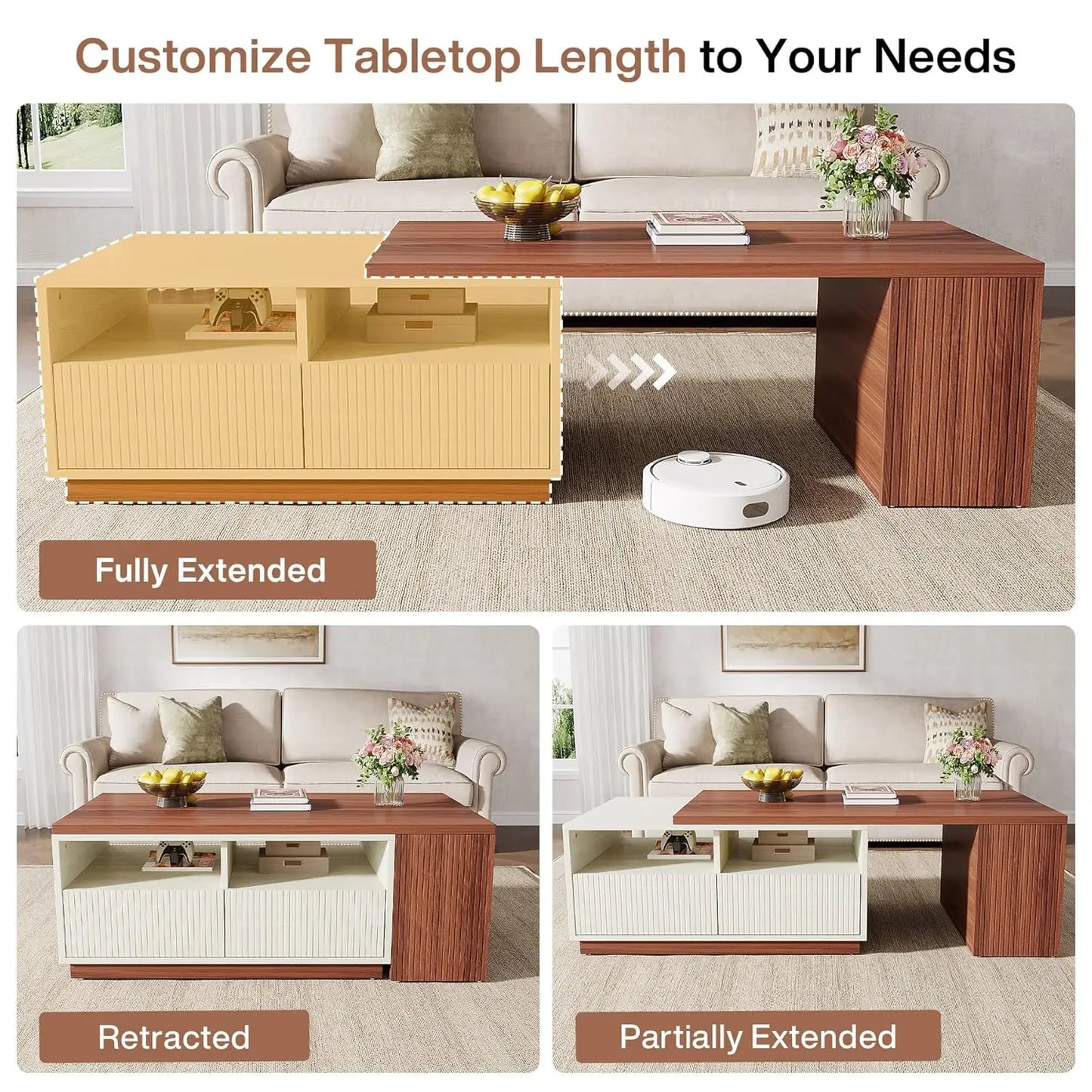 Extendable Coffee Table with 2 Storage Drawers,