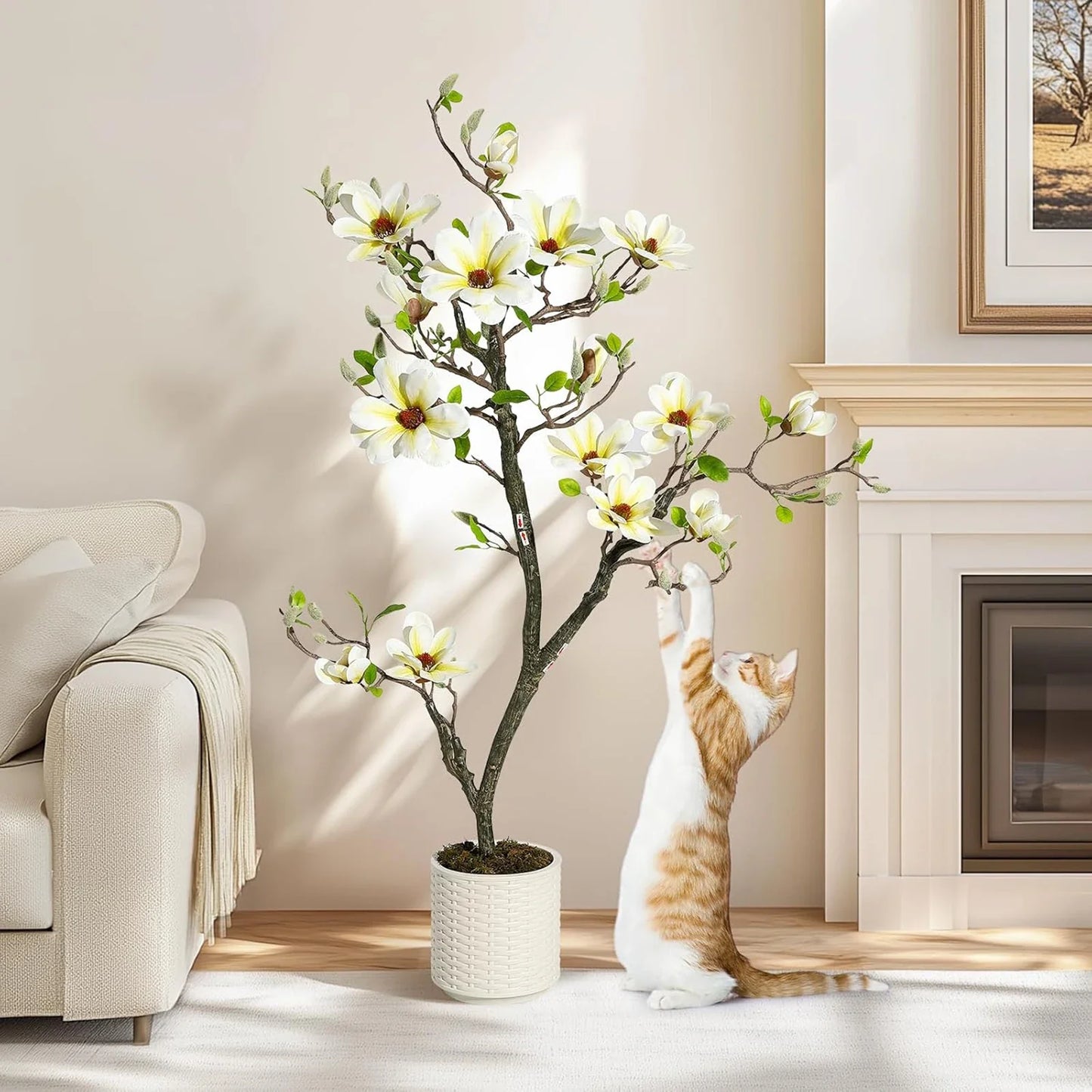 Artificial Magnolia Plant Faux Flower Trees  with LED Light for Yard Patio Home