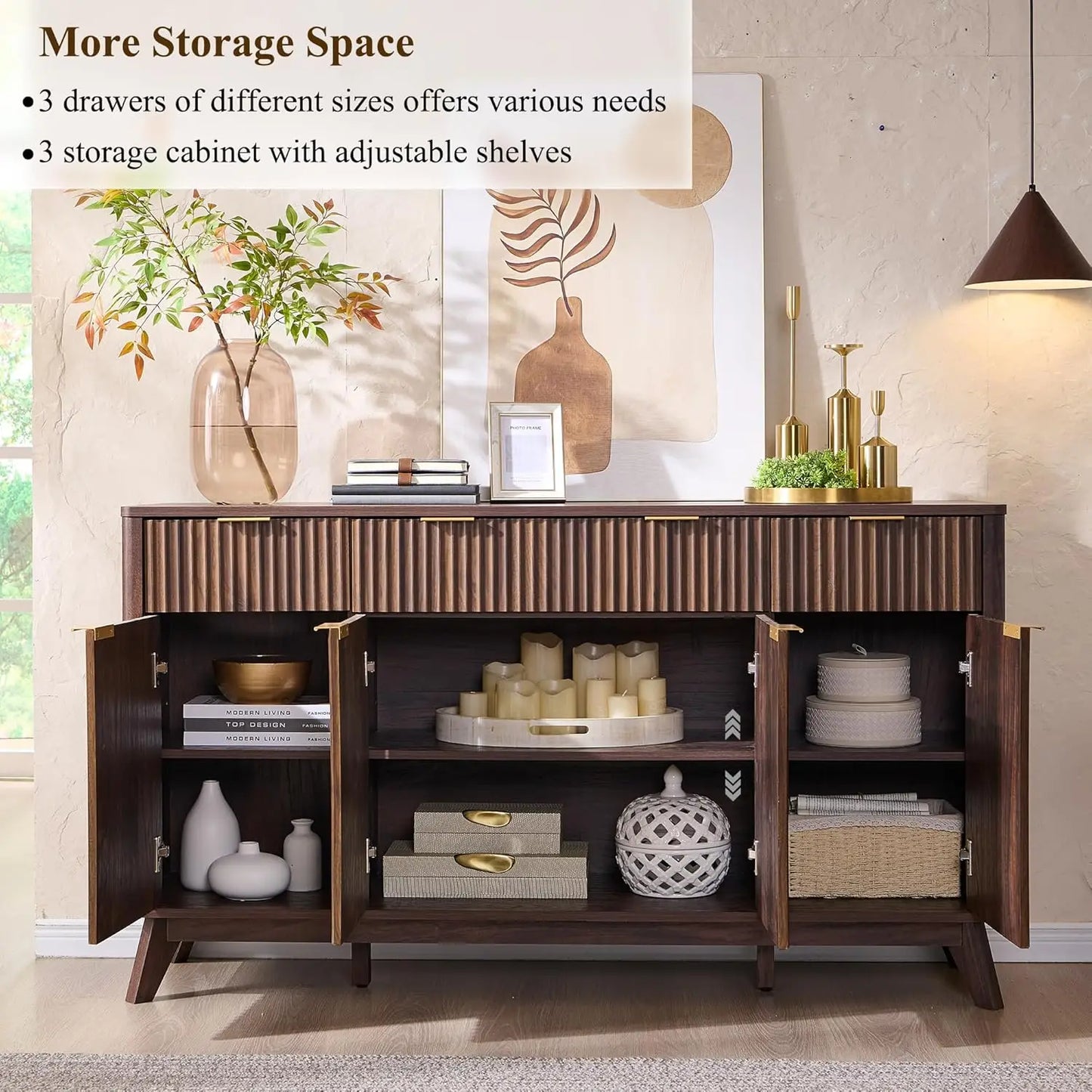 Fluted Buffet Sideboard Cabinet With Storages, Coffee ,Wine Bar Storage Cabinet With 3 Drawers