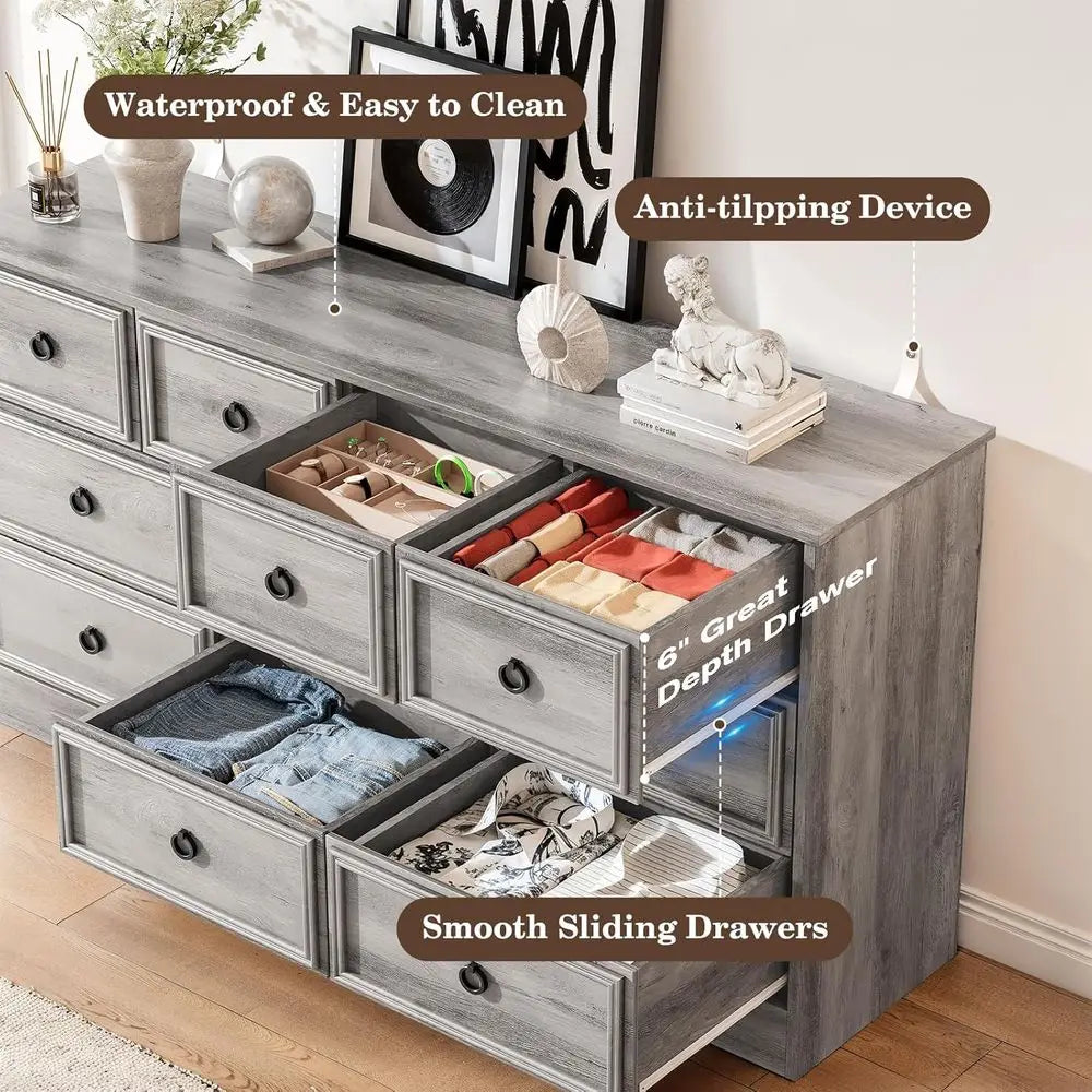 10-Drawer Bedroom Dresser with Textured Frame, 6 Deep, Gray, for Living Room or Bedroom Storage