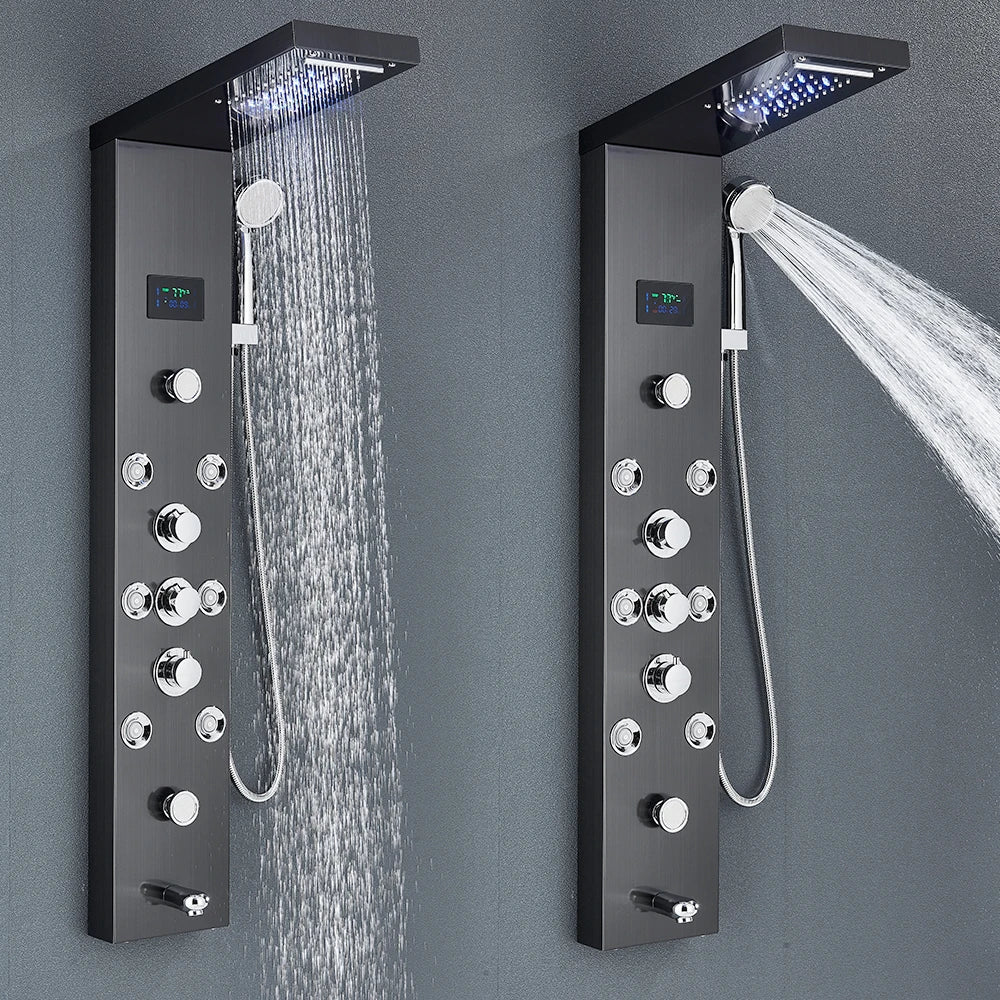 LED Shower Panel Tower System Rain Waterfall Shower LCD Display With Massage  Shower Faucet