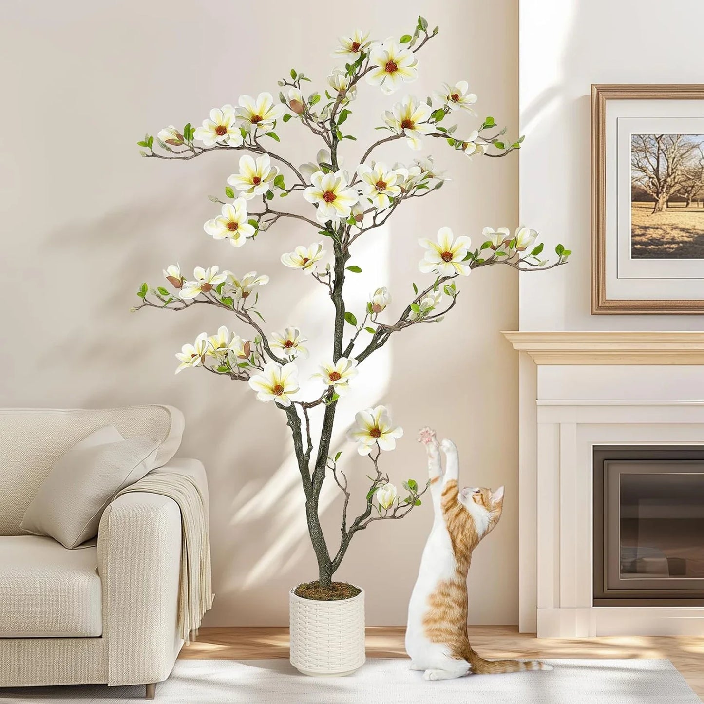 Artificial Magnolia Plant Faux Flower Trees  with LED Light for Yard Patio Home