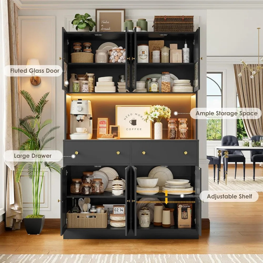 71 Inch Pantry with LED Light and Charging Station, Farmhouse Kitchen Pantry