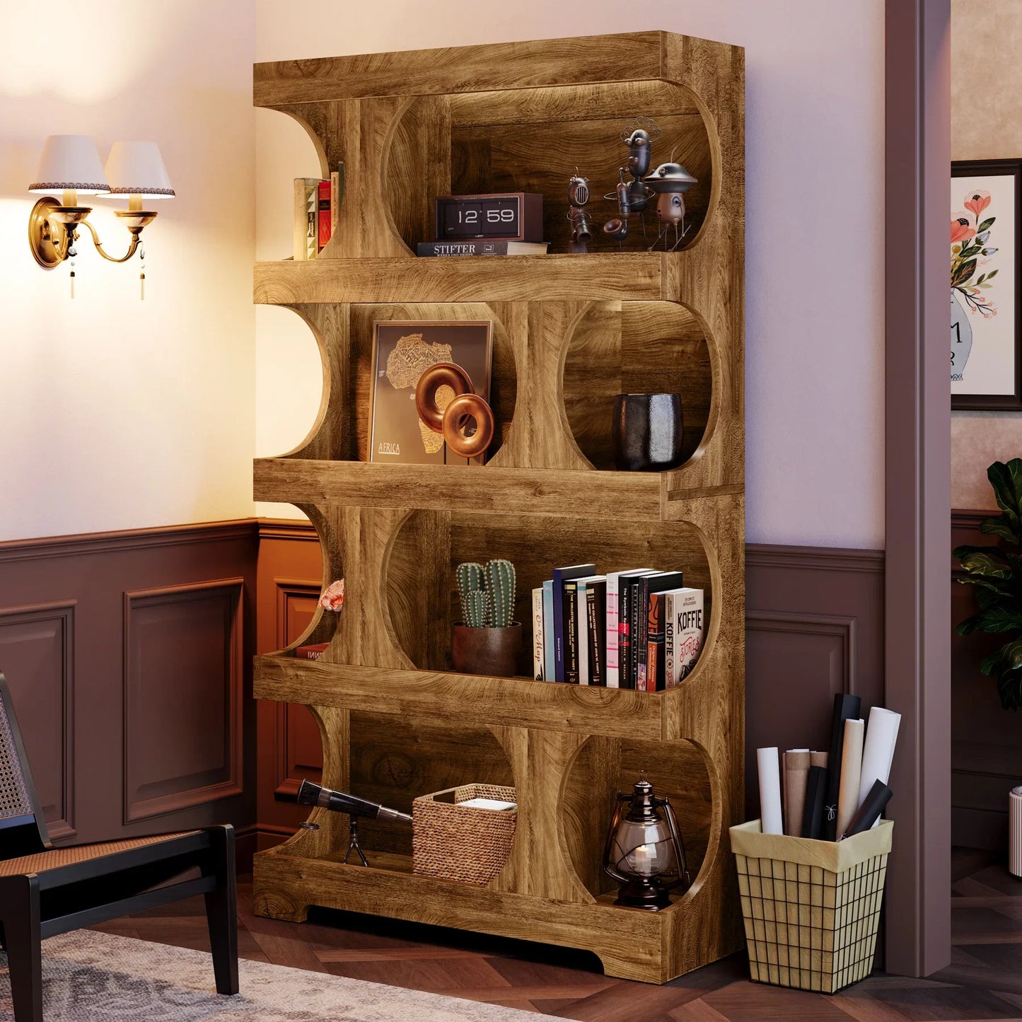 Tribesigns 71" Tall Bookcase, 4-Tier S-Shaped Bookshelf, Wood Modern Freestanding Display Shelves