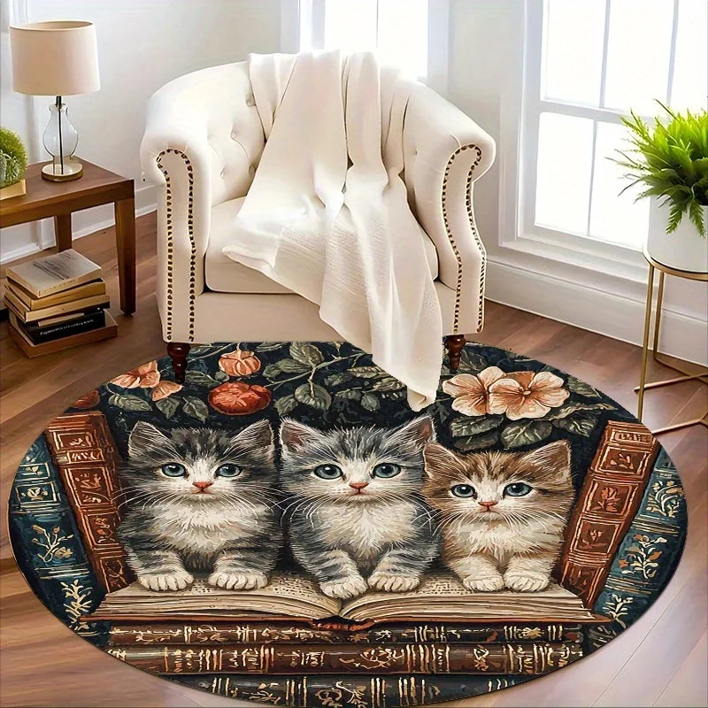 Cat and Book Style Flannel-printed round floor mat