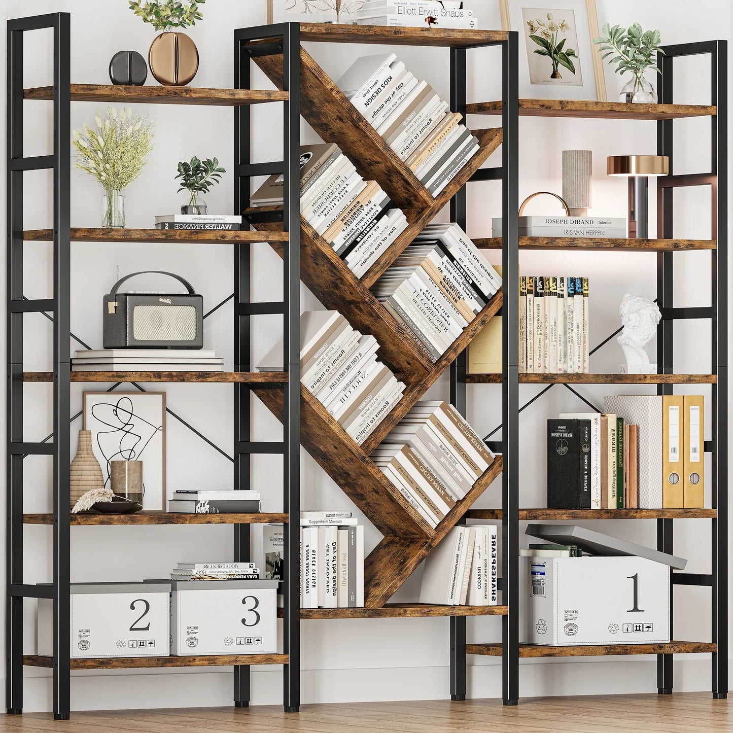 Triple 5 Tier Bookshelf, Large Wooden Bookcase with 17 Open Display Shelves Metal Frame